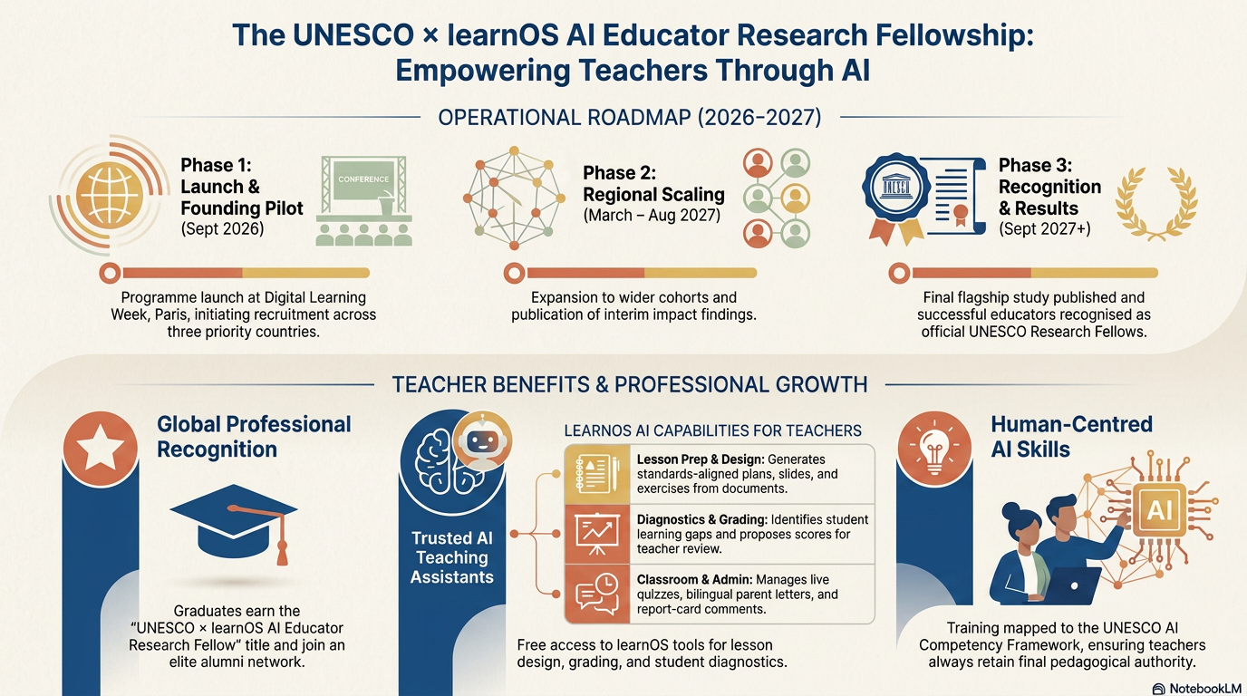 Infographic showing the UNESCO × learnOS AI Educator Research Fellowship operational roadmap from 2026 to 2027 and teacher benefits including global recognition, trusted AI teaching assistants, and human-centred AI skills.