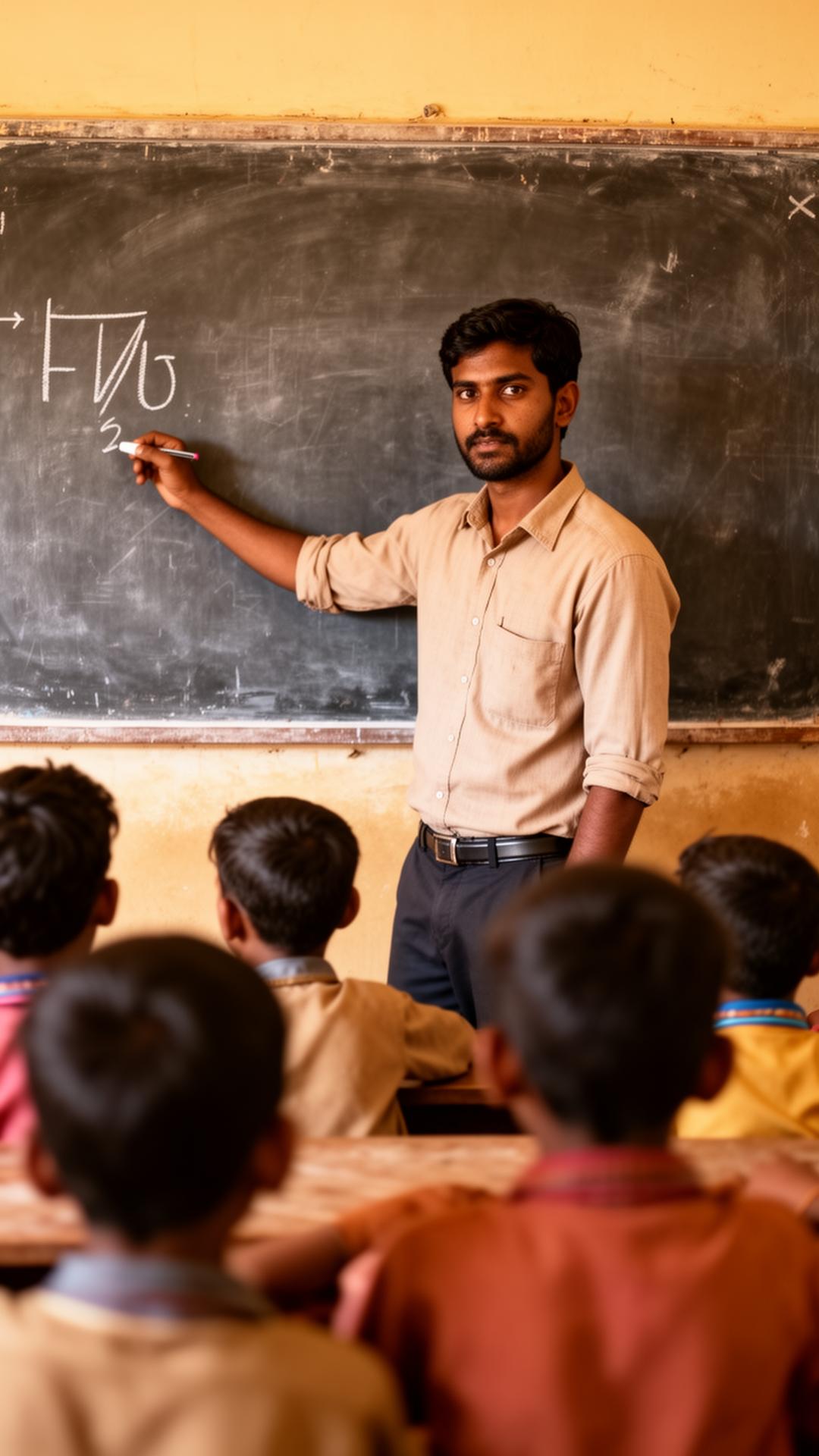 A teacher writing on the board in front of attentive students.